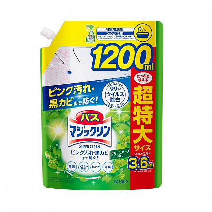 Пенящееся моющее средство KAO Bath Magiclean Green Herb для ванной комнаты с ароматом зелени, сменная упаковка, 1200 мл