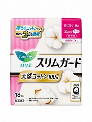 Ультратонкие женские прокладки KAO Laurier Slimguard Natural Cotton с крылышками, 25 см, 18 шт.