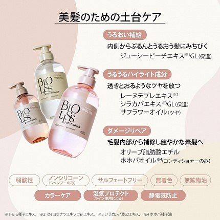 Набор для восстановления, выпрямления и увлажнения волнистых волос KOSE Bioliss Pure Retouch Pair Silky Straight Set с экстрактом персика, ароматом мускуса: шампунь 480 мл + кондиционер 480 мл