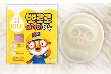 Детское туалетное мыло KM "Pororo" на растительной основе с козьим молоком и натуральными маслами (легкий молочный аромат) 100 г