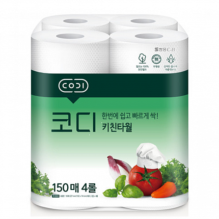 КОМПАКТНЫЕ кухонные салфетки Codi  Kitchen Towel двухслойные, плотные, тиснёные, 4 рулона по 150 листов