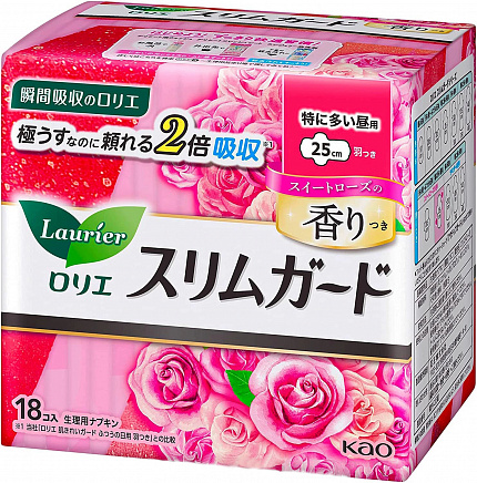Женские гигиенические прокладки KAO "Laurier" Cleanguard Long Sweet Rose, тонкие, с крылышками, с ароматом розы, длина: 25см, в упаковке 18шт.