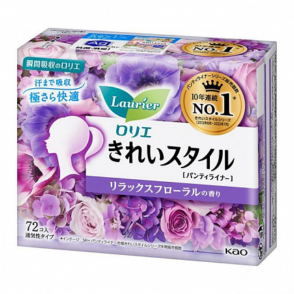 Ежедневные гигиенические прокладки KAO Laurier Beautiful Style Relax Floral с цветочным ароматом, длина 14 см, в упаковке 72 шт.