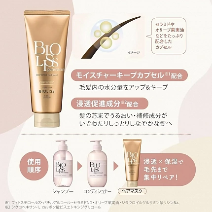 Маска KOSE Bioliss Pure Retouch для глубокого восстановления поврежденных волос, 200 г