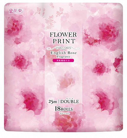 Туалетная бумага двухслойная MARUTOMI TISSUE Hanataba Flower Print English Rose 18 Rolls Double, с ароматом английской розы, 18 рулонов по 25 м