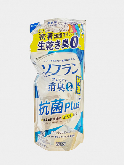 Кондиционер для белья LION Soflan Premium Antibacterial Plus с антибактериальным эффектом, аромат жасмина и акватики, м/у 400 мл