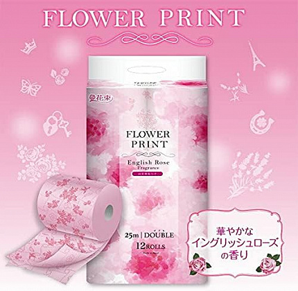 Туалетная бумага двухслойная MARUTOMI TISSUE Hanataba Flower Print English Rose 12 Rolls Double, с ароматом английской розы, 12 рулонов по 25 м