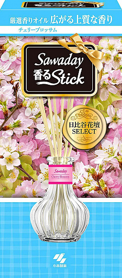Натуральный аромадиффузор для дома KOBAYASHI Sawaday Stick Parfum Cherry Blossom, с ароматом цветущей сакуры, лимона и яблока, стеклянный флакон 70мл, 8 палочек