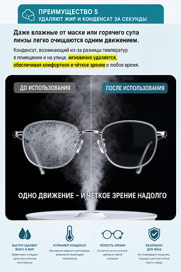 Влажные салфетки для очков, экранов и зеркал KOTOBUKI EIZAI Moriden Eyeglass Cleaner с антизапотевающим эффектом, 40 шт.