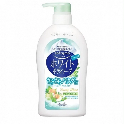 Жидкое мыло для тела с растительной микропудрой KOSE Softymo White Body Soap Powder In с освежающим ароматом мяты и фруктов, 600 мл