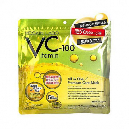 Маска для лица MDSKIN LABO VC-100 Premium с 3-мя видами витамина С, ниацинамидом, ретинолом, токоферолом, коллагеном, 30шт.