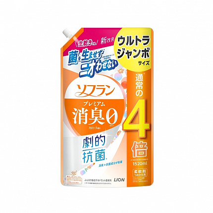 Кондиционер для белья Lion Soflan Premium Deodorizer Zero защищающий от неприятного запаха, натуральный аромат цветочного мыла, сменная упаковка, 1520 мл