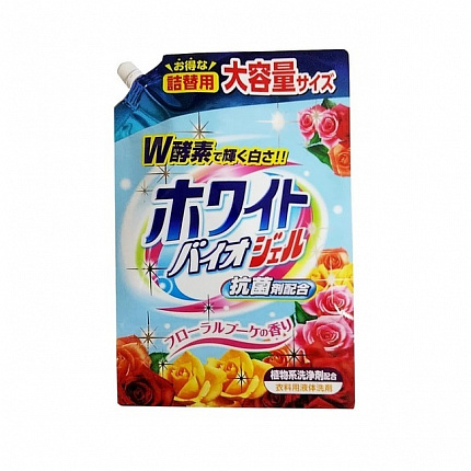 Жидкое средство для стирки с ферментами NIHON White Bio Gel, аромат цветочного букета, мягкая упаковка с крышкой, 1220 г