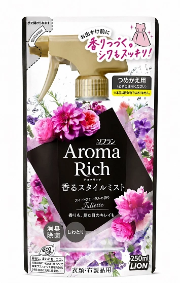 Парфюмированный кондиционер-спрей для тканей LION Soflan Aroma Rich Juliette, сладкий цветочный аромат, сменная упаковка, 250 мл