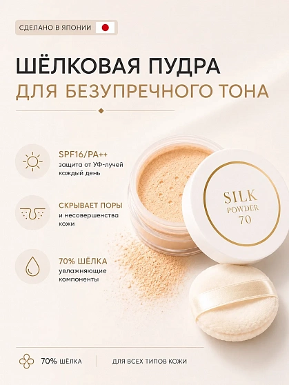 Шелковая минеральная рассыпчатая пудра SILK POWDER с 70% натурального шелка, 9 г
